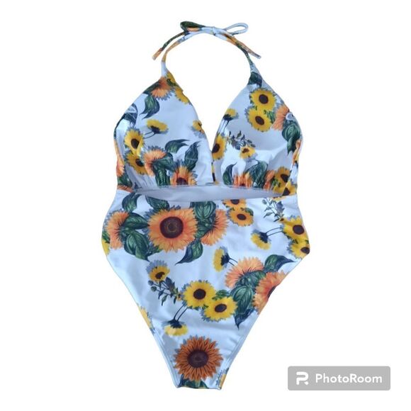 Sunflower Print One Piece Halter Backless Swimsuit - Picture 4 of 5
